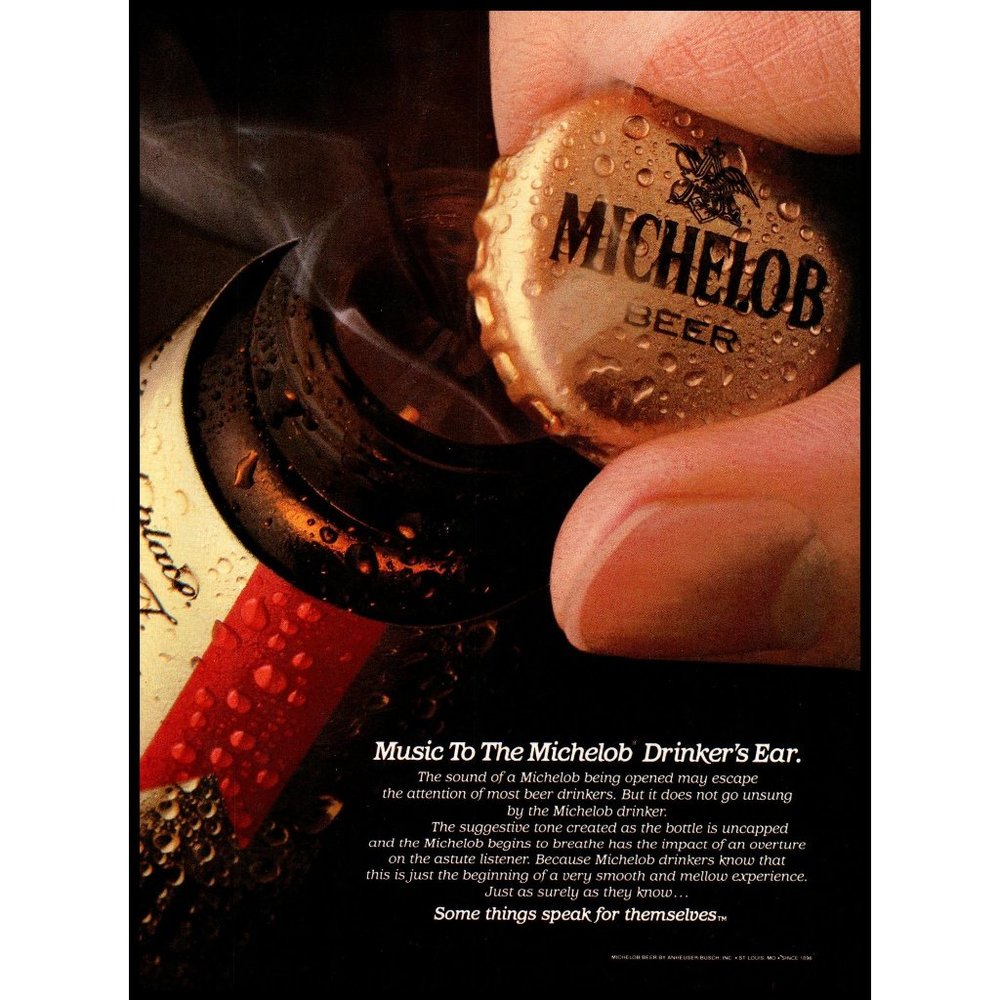 1983 Michelob Beer Vintage Print Ad Brown Bottle Twist Cap Music Ears Wall Art